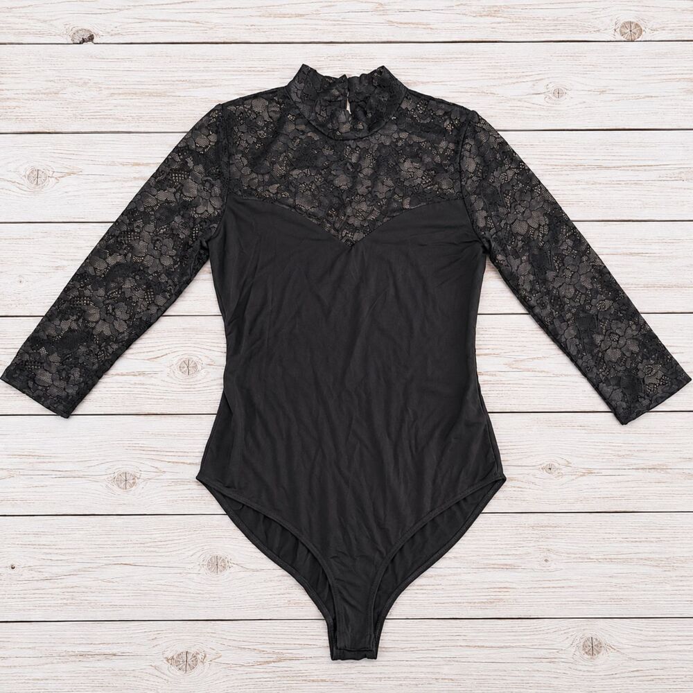 Forever 21 Black Floral Lace Sheer Long Sleeve Neck Bodysuit Goth Size S 4936
